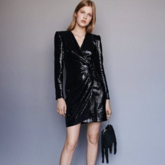 Maje Rivy Black Velvet Sequin V-neck Long Sleeve mini Wrap dress Size:3